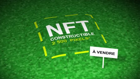 Illustration of an invest in WEB3 a tokenized land, a virtual plot, decentralized reals in the metaverse. Real estate NFT investment token in virtual world. Tokenized land investment on a marketplace web 3, web3 housing. French text.