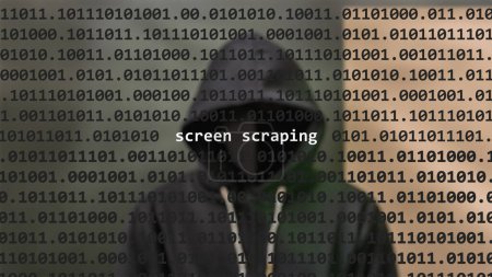 Cyber attack screen scraping text in foreground screen, anonymous hacker hidden with hoodie in the blurred background. Vulnerability text in binary system code on editor program.