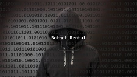 Cyber attack botnet rental text in foreground screen, anonymous hacker hidden with hoodie in the blurred background. Vulnerability text in binary system code on editor program.