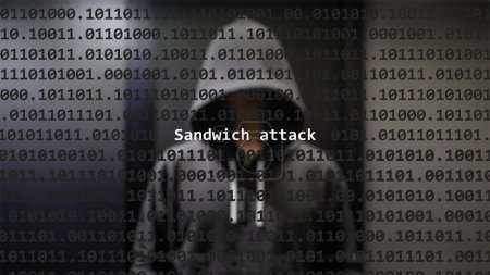Cyber attack sandwich attack text in foreground screen, anonymous hacker hidden with hoodie in the blurred background. Vulnerability text in binary system code on editor program.