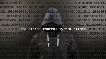 Ciberataque sistema de control industrial ataque texto en pantalla de primer plano, hacker anónimo oculto con capucha en el fondo borroso. Texto de vulnerabilidad en código binario del sistema en el programa editor.