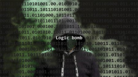 Cyber attack logic bomb text in foreground screen, anonymous hacker hidden with hoodie in the blurred background. Vulnerability text in binary system code on editor program.