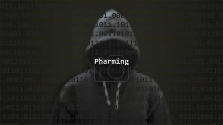 Cyber attack pharming text in foreground screen, anonymous hacker hidden with hoodie in the blurred background. Vulnerability text in binary system code on editor program.