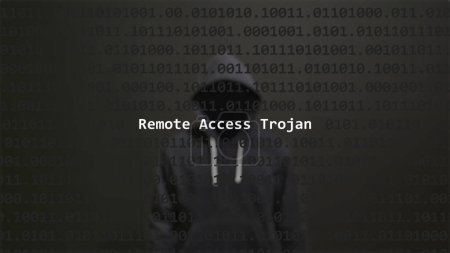 Cyber attack remote access trojan text in foreground screen, anonymous hacker hidden with hoodie in the blurred background. Vulnerability text in binary system code on editor program.