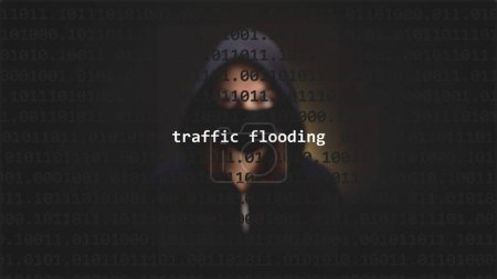 Photo for Cyber attack traffic flooding text in foreground screen, anonymous hacker hidden with hoodie in the blurred background. Vulnerability text in binary system code on editor program. - Royalty Free Image