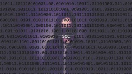 Cyber attack soc text in foreground screen, anonymous hacker hidden with hoodie in the blurred background. Vulnerability text in binary system code on editor program.