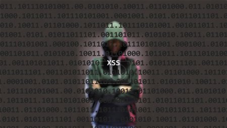 Photo for Cyber attack xss text in foreground screen, anonymous hacker hidden with hoodie in the blurred background. Vulnerability text in binary system code on editor program. - Royalty Free Image