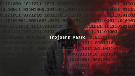 Cyber attack. Translation: trojan horse text in foreground screen, anonymous hacker hidden with hoodie in the blurred background. Vulnerability text in binary system code on editor program.
