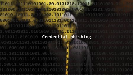 Photo for Cyber attack credential phishing text in foreground screen, anonymous hacker hidden with hoodie in the blurred background. Vulnerability text in binary system code on editor program. - Royalty Free Image