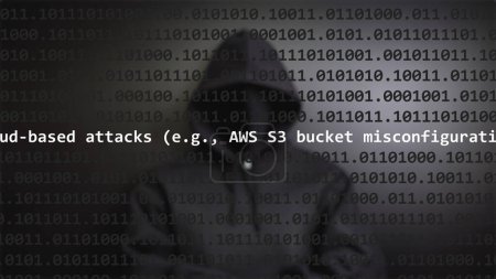Cyber-Angriff Cloud-basierte Angriffe (z. B. aws s3 Bucket Fehlkonfiguration) Text im Vordergrund, anonyme Hacker mit Kapuzenpulli im verschwommenen Hintergrund versteckt. Verwundbarkeitstext im binären Systemcode im Editor-Programm.