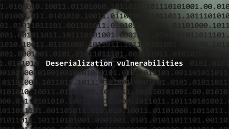 Cyber attack deserialization vulnerabilities text in foreground screen, anonymous hacker hidden with hoodie in the blurred background. Vulnerability text in binary system code on editor program.
