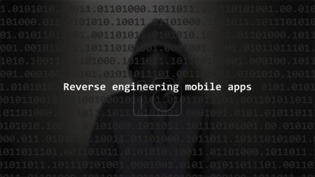 Cyber attack reverse engineering mobile apps text in foreground screen, anonymous hacker hidden with hoodie in the blurred background. Vulnerability text in binary system code on editor program.