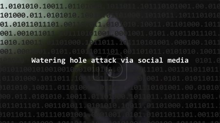 Cyber attack watering hole attack via social media text in foreground screen, anonymous hacker hidden with hoodie in the blurred background. Vulnerability text in binary system code on editor program.
