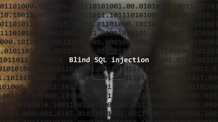 Cyber attack blind sql injection text in foreground screen, anonymous hacker hidden with hoodie in the blurred background. Vulnerability text in binary system code on editor program.
