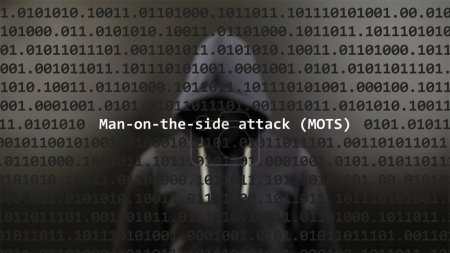 Cyber-Angriff Man-on-the-Side-Angriff (Mots) Text im Vordergrund, anonymer Hacker versteckt mit Kapuzenpullover im unscharfen Hintergrund. Verwundbarkeitstext im binären Systemcode im Editor-Programm.