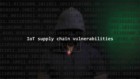 Cyber attack iot supply chain vulnerabilities text in foreground screen, anonymous hacker hidden with hoodie in the blurred background. Vulnerability text in binary system code on editor program.