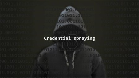 Photo for Cyber attack credential spraying text in foreground screen, anonymous hacker hidden with hoodie in the blurred background. Vulnerability text in binary system code on editor program. - Royalty Free Image