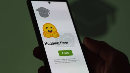 Photo for March 04th 2024. Student enrolls to Hugging Face program on a phone, upskilling certification by e-learning - Royalty Free Image