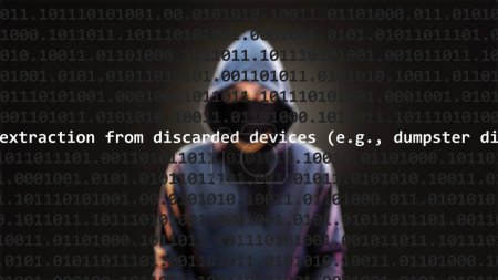 Cyber attack data extraction from discarded devices (e.g., dumpster diving) text in foreground screen, anonymous hacker hidden with hoodie in the blurred background. Vulnerability text in binary system code on editor program.