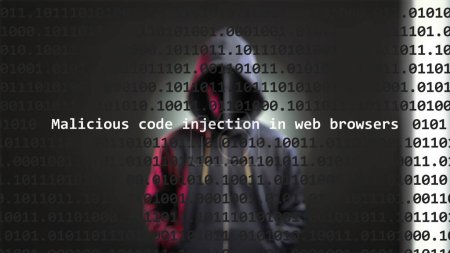 Cyber attack malicious code injection in web browsers text in foreground screen, anonymous hacker hidden with hoodie in the blurred background. Vulnerability text in binary system code on editor program.