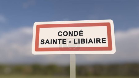 Ortsschild von Conde-Sainte-Libiaire. Eingang der Stadt Conde Sainte Libiaire in, Seine-et-Marne, Frankreich
