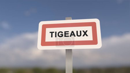 City sign of Tigeaux. Entrance of the town of Tigeaux in, Seine-et-Marne, France