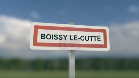 Téléchargez les photos : Un panneau à l'entrée de la ville de Boissy-le-Cutte, signe de la ville de Boissy le Cutte. Entrée de la municipalité. - en image libre de droit