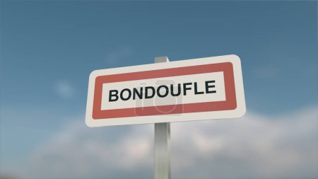 Ein Schild am Ortseingang von Bondoufle, Zeichen der Stadt Bondoufle. Eingang zur Gemeinde.