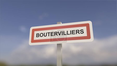 Téléchargez les photos : Un panneau à l'entrée de la ville de Boutervilliers, signe de la ville de Boutervilliers. Entrée de la municipalité. - en image libre de droit