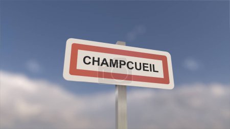 Ein Schild am Ortseingang von Champcueil, Zeichen der Stadt Champcueil. Eingang zur Gemeinde.
