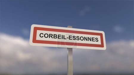 Téléchargez les photos : Un panneau à l'entrée de la ville de Corbeil-Essonnes, signe de la ville de Corbeil Essonnes. Entrée de la municipalité. - en image libre de droit
