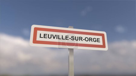 Ein Schild am Ortseingang von Leuville-sur-Orge, Zeichen der Stadt Leuville-sur-Orge. Eingang zur Gemeinde.