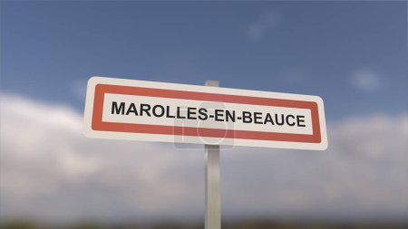 Téléchargez les photos : Un panneau à l'entrée de la ville de Marolles-en-Beauce, signe de la ville de Marolles en Beauce. Entrée de la municipalité. - en image libre de droit
