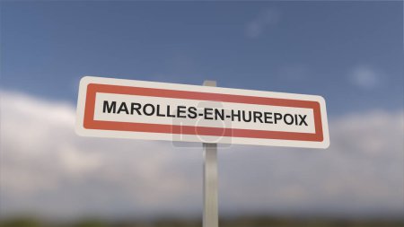 Ein Schild am Ortseingang von Marolles-en-Hurepoix, Zeichen der Stadt Marolles en Hurepoix. Eingang zur Gemeinde.