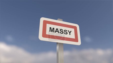 Ein Schild am Ortseingang von Massy, Zeichen der Stadt Massy. Eingang zur Gemeinde.