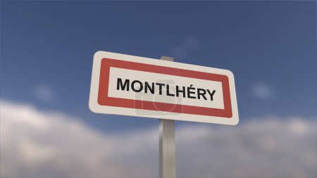 Téléchargez les photos : Un panneau à l'entrée de la ville de Montlhery, signe de la ville de Montlhery. Entrée de la municipalité. - en image libre de droit