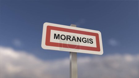 Ein Schild am Ortseingang von Morangis, Zeichen der Stadt Morangis. Eingang zur Gemeinde.