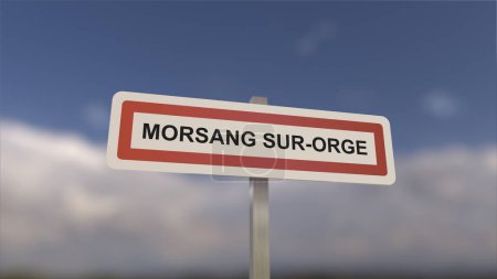 Téléchargez les photos : Un panneau à l'entrée de la ville de Morsang-sur-Orge, signe de la ville de Morsang sur Orge. Entrée de la municipalité. - en image libre de droit