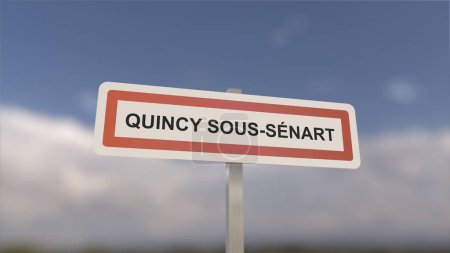 Téléchargez les photos : Un panneau à l'entrée de la ville de Quincy-sous-Senart, signe de la ville de Quincy sous Senart. Entrée de la municipalité. - en image libre de droit