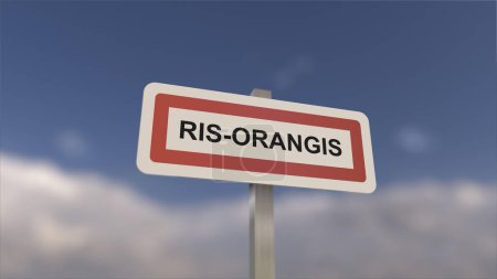 Ein Schild am Ortseingang von Ris-Orangis, Zeichen der Stadt Ris Orangis. Eingang zur Gemeinde.