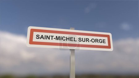 Ein Schild am Ortseingang von Saint-Michel-sur-Orge, Zeichen der Stadt Saint Michel-sur-Orge. Eingang zur Gemeinde.