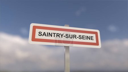 Téléchargez les photos : Un panneau à l'entrée de la ville de Saintry-sur-Seine, signe de la ville de Saintry-sur-Seine. Entrée de la municipalité. - en image libre de droit