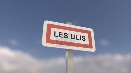 Ein Schild am Ortseingang von Les Ulis, Zeichen der Stadt Les Ulis. Eingang zur Gemeinde.