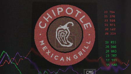 Téléchargez les photos : 19 mars 2024. Le logo de Chipotle Mexican Grill sur l'écran d'un échange. Chipotle Mexican Grill stocks de prix, $CMG sur un appareil. - en image libre de droit