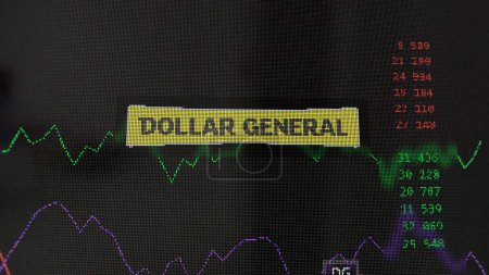 Photo for March 19th 2024. The logo of Dollar General on the screen of an exchange. Dollar General price stocks, $DG on a device. - Royalty Free Image