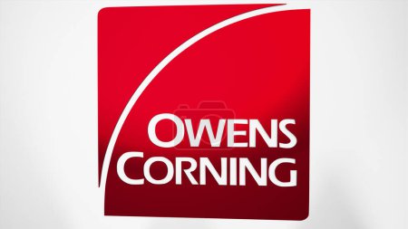 Téléchargez les photos : 26 mars 2024, logo d'Owens Corning sur un mur blanc dans un bâtiment de hall, la marque $OC intérieur. - en image libre de droit