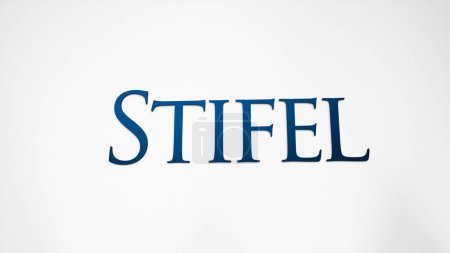 Téléchargez les photos : 26 mars 2024, logo de Stifel sur un mur blanc dans un bâtiment de hall, la marque $SF intérieur. - en image libre de droit