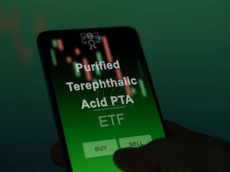 Un inversor analizando el fondo purificado de ácido tereftálico pta etf en una pantalla. Un teléfono muestra los precios del ácido tereftálico purificado PTA