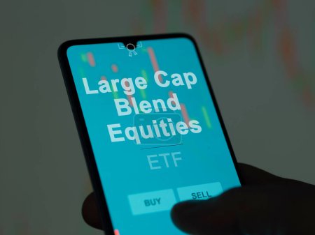 An investor analyzing the large cap blend equities etf fund on a screen. A phone shows the prices of Large Cap Blend Equities