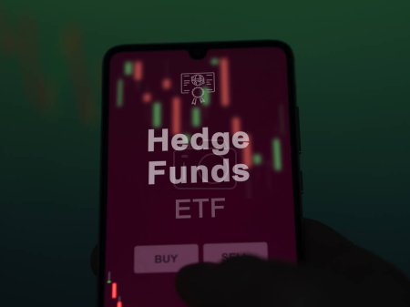 An investor analyzing the hedge funds etf fund on a screen. A phone shows the prices of Hedge Funds